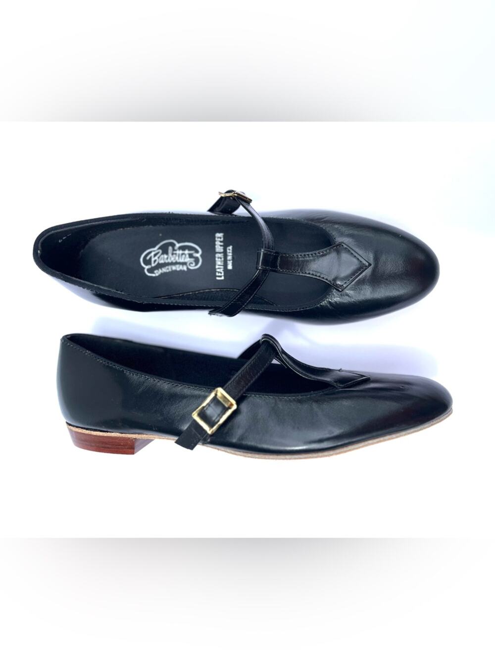 Vintage Black Leather Mary Jane Flats with Gold Buckle Size 8 Barbette's Dance